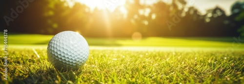 Golf ball on grass with sunlight