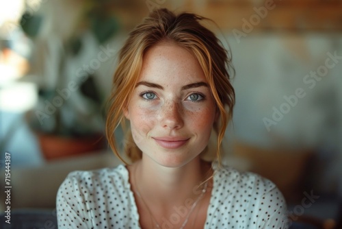 business woman smiling at camera in polka dot shirt.