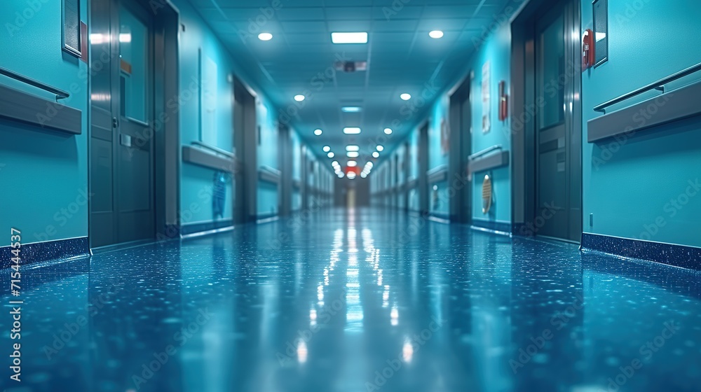The pristine and empty blue-toned corridor of a hospital evokes a sense of calm efficiency in healthcare.
