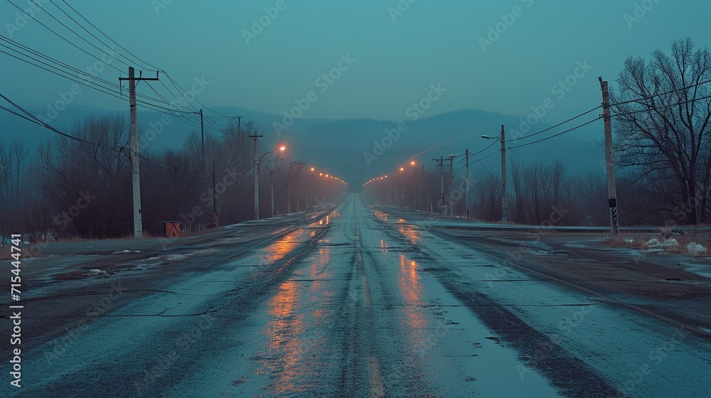 A deserted road stretches into the distance on a misty morning, with the glow of streetlights reflecting on the wet surface.