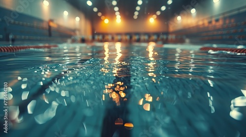 Underwater view of a serene swimming pool with light reflecting through the water, evoking calm and tranquility. photo