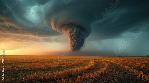 A massive tornado funnel looms over a desolate farmland at sunset, a stark reminder of nature unpredictable power.