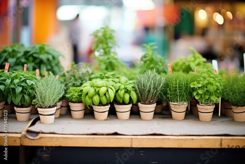 rows of potted herbs on a market table