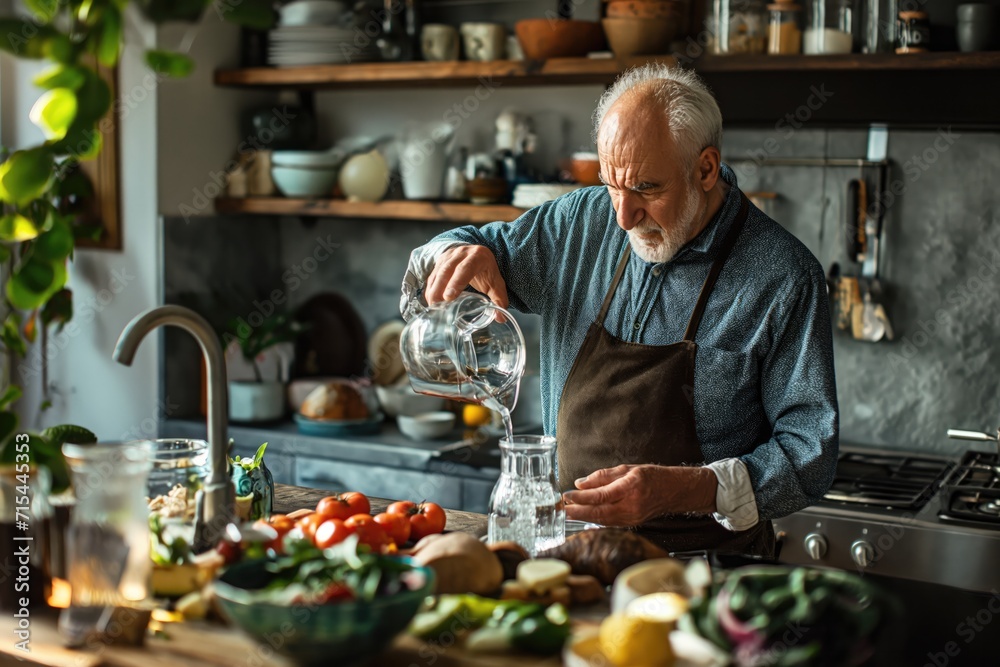 Senior man pouring water in glass while having breakfast at his domestic kitchen. Senior man pouring water in glass while having breakfast at his domestic kitchen.