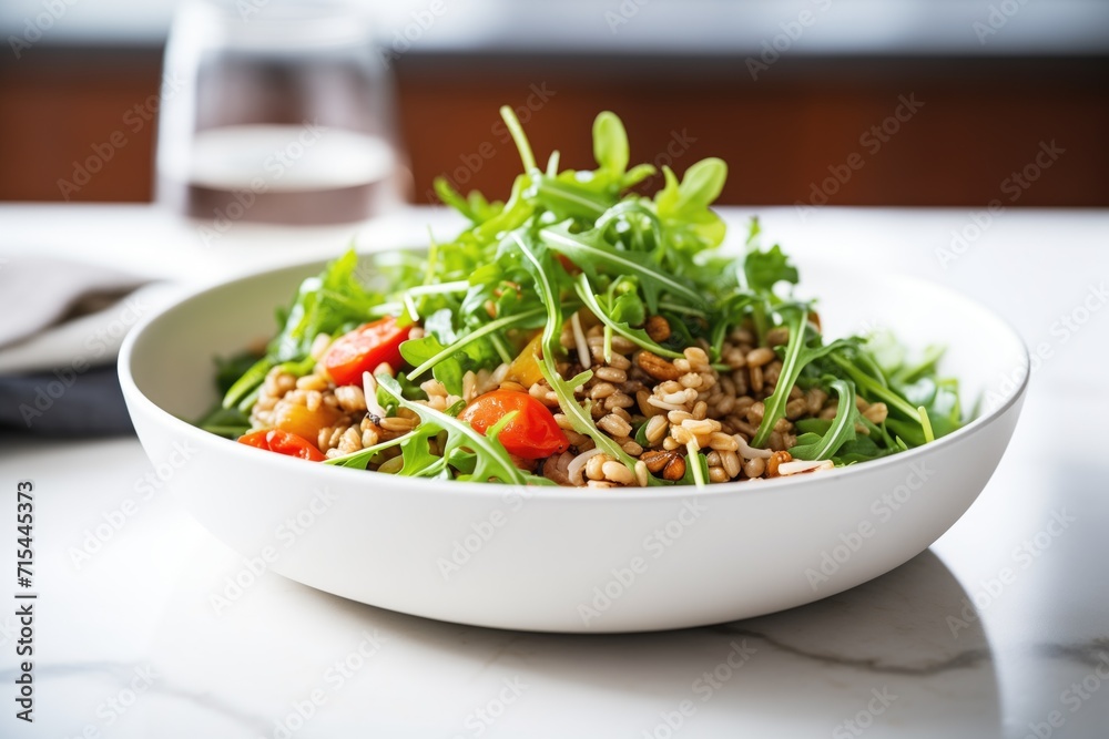 bowl of farro salad with cherry tomatoes and arugula bowl of farro salad with cherry tomatoes and arugula