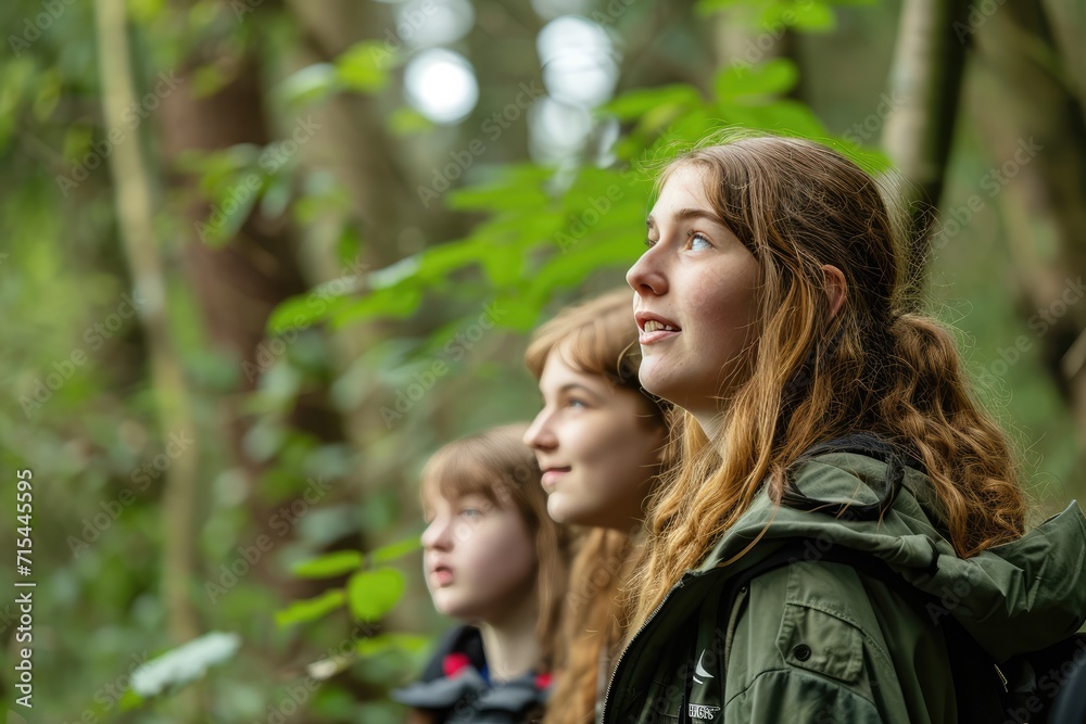 Side view three quarter length in Rothbury's woodlands, a group of student teenagers are on an educational walk. 