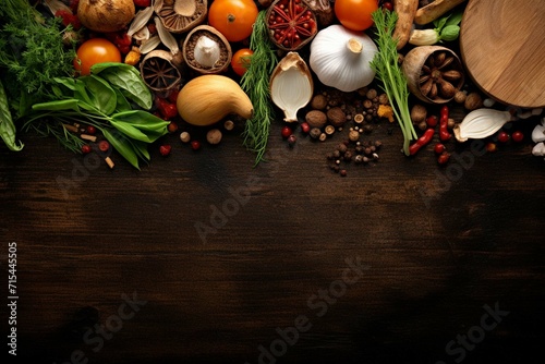 Food cooking background, ingredients for preparation vegan dishes, vegetables, roots, spices, mushrooms and herbs. Old cutting board. Healthy food concept. Rustic wooden table background