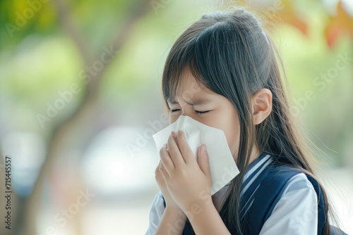 Sick little schoolgirl coughs and blows nose wiping with white paper napkin. 
