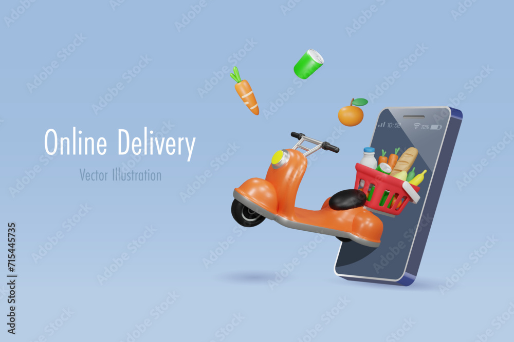 Online grocery shopping delivery service. Scooter with shopping basket full of grocery foods and drink. 3D vector cartoon character. - obrazy, fototapety, plakaty 