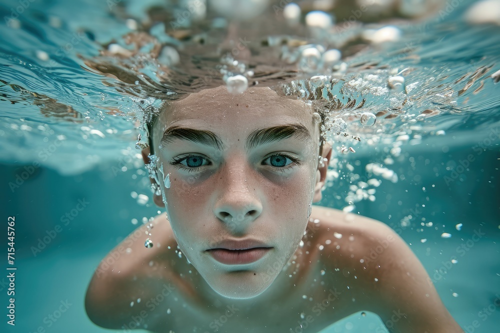 Underwater portrait of teenage boy practicing swimming crawl in the pool. 