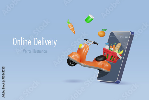 Online grocery shopping delivery service. Scooter with shopping basket full of grocery foods and drink. 3D vector cartoon character.