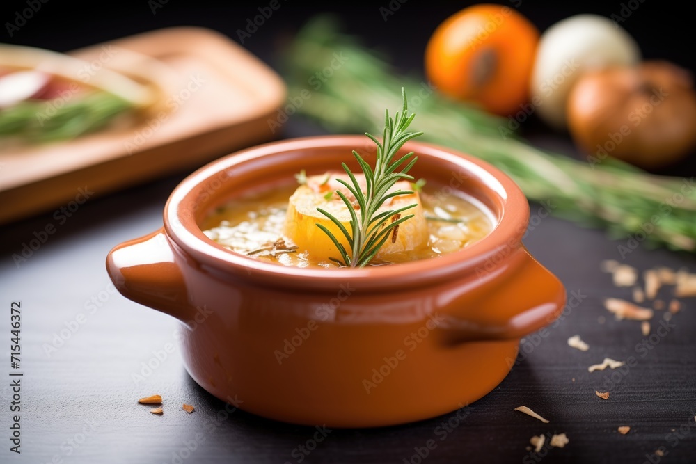 french onion soup in a clay dish with thyme sprigs