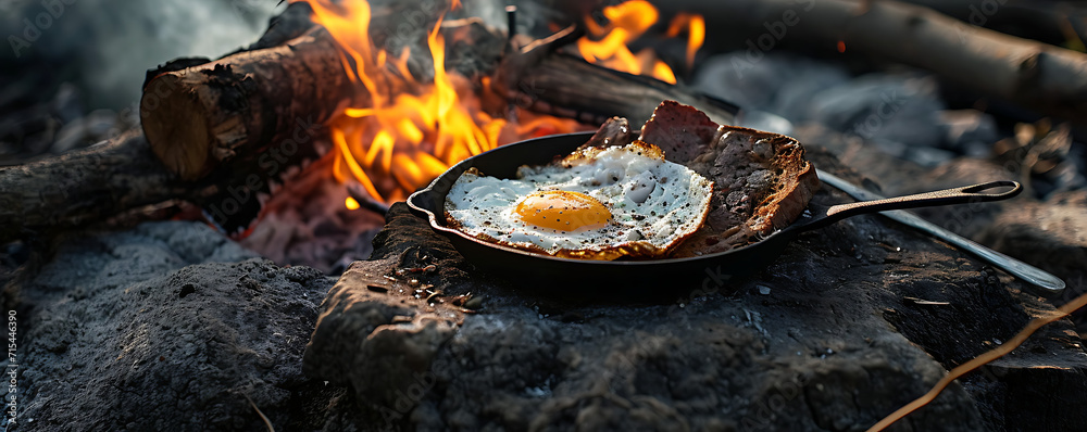  fried egg with toast at the campfire, in the style of photo-realistic landscapes, rustic scenes