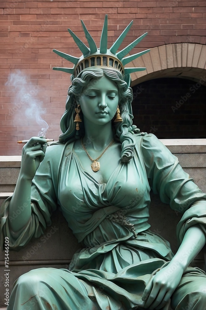 Obraz premium AI-Generated Statue of Liberty Taking a Smoke Break - Whimsical Digital Art