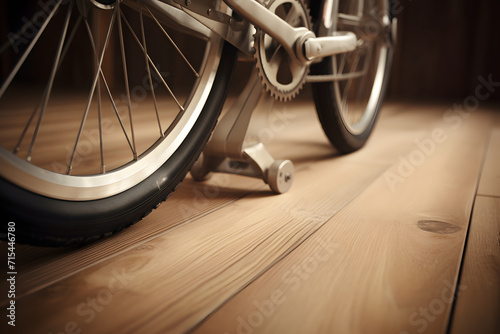 A close up of a bicycle handle on a wooden floo photo