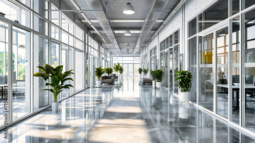 Modern Office Architecture: An empty and futuristic office interior with clean lines, ample light, and a contemporary design