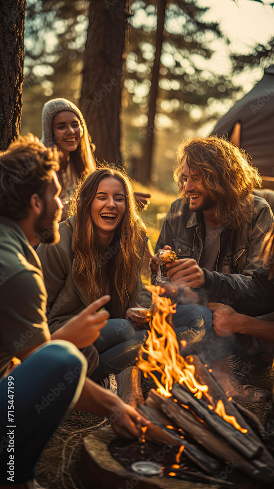 Group of People Sitting Around a Campfire – Enjoying an Evening Outdoors