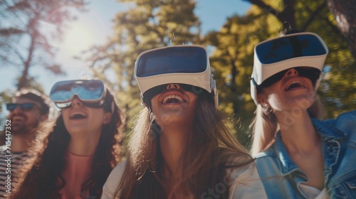 Friends having fun outdoors with VR glasses