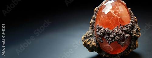 Olmiite is a rare precious natural stone on a black background. AI generated. Header banner mockup with space. photo