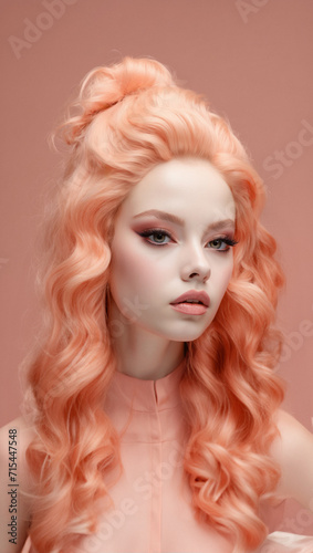 Female portrait, young lady with peach color long hair on peach color background