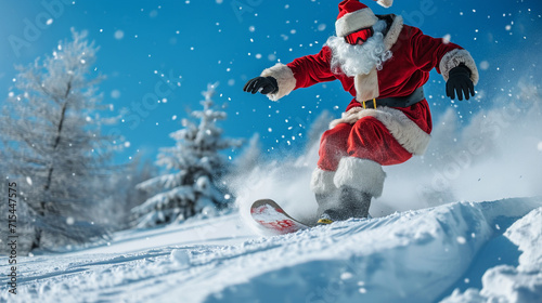 Santa Claus on a snowboard on a mountain slope