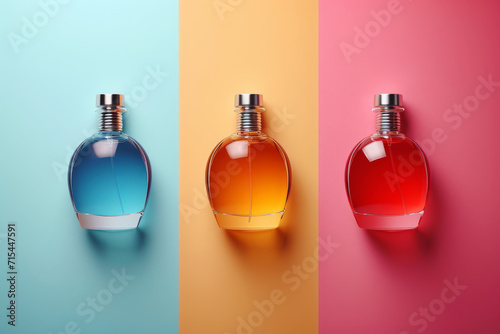 Trio of Perfume Bottles on Gradient Background.
Three elegant perfume bottles in blue, orange, and red hues against a tri-color gradient backdrop. photo