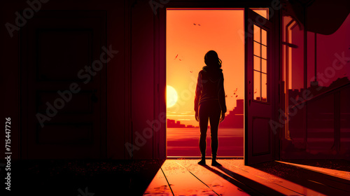 Woman standing in front of open door with the sun setting in the background.