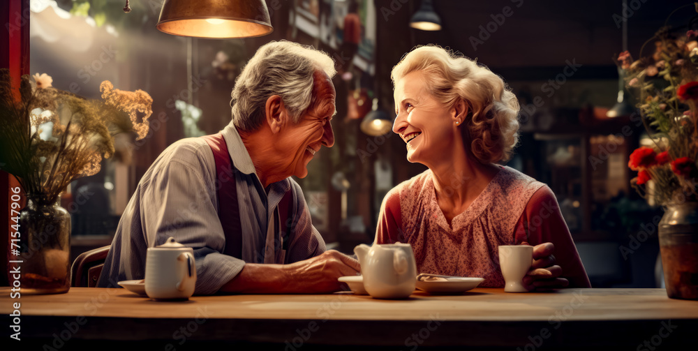 Man and woman sitting at table with cups of coffee in front of them.