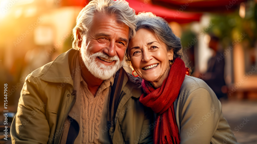 Man and woman are smiling for the camera with red scarf around their neck.