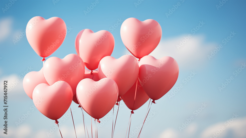 Many pink heart balloons on bright background. Minimal love concept.