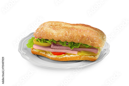 Tasty sandwich with boiled sausage, cheese and vegetables isolated on white