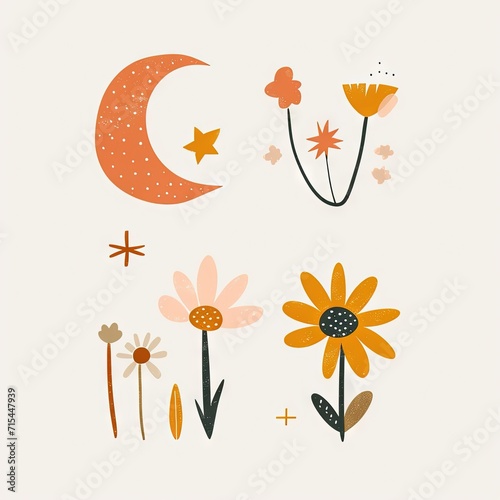 Abstract minimalist charming colorful moon and stars and flowers clipart. Great as vector  icons  decor  for poster design. Inspiration vibes.
