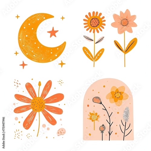 Abstract minimalist charming colorful moon and stars and flowers clipart. Great as vector, icons, decor, for poster design. Inspiration vibes.