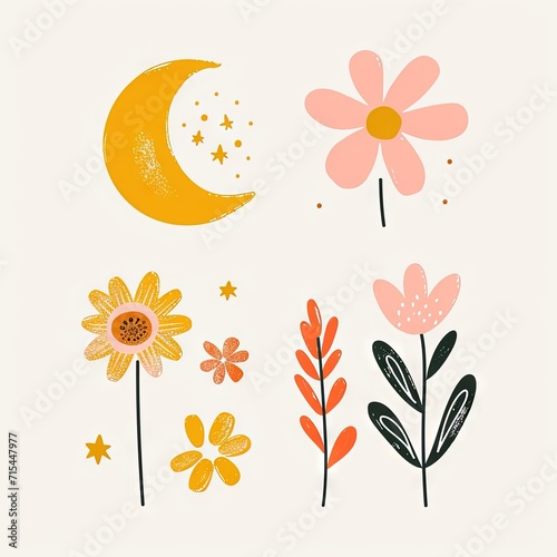 Abstract minimalist charming colorful moon and stars and flowers clipart. Great as vector, icons, decor, for poster design. Inspiration vibes.