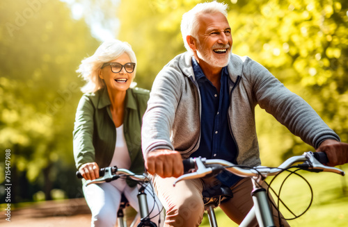 Man and woman riding bikes in park together smiling at the camera.