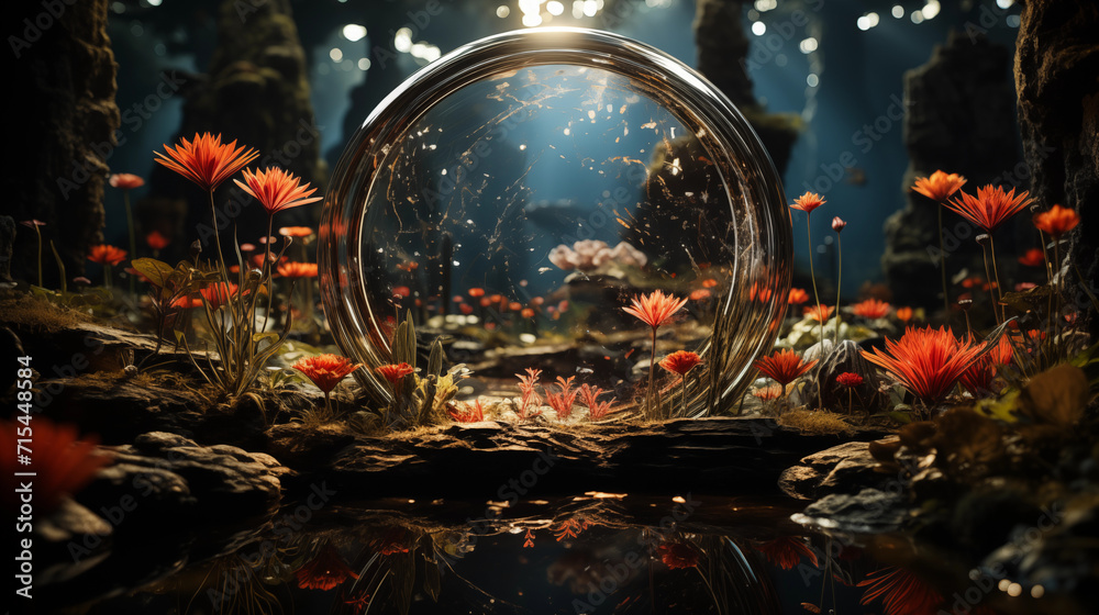 Enigmatic Underwater Scene with Red Flowers and a Transparent Sphere Amidst Ruins
