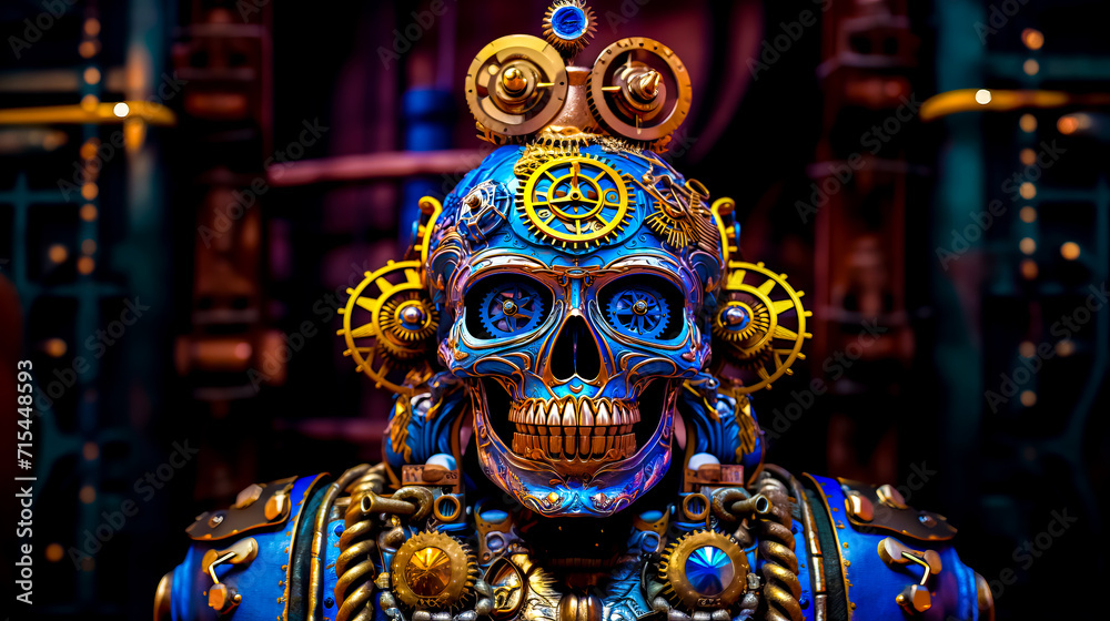 Skeleton with gears on it's head and clock on its head.