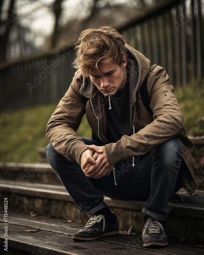 Man Sitting on Bench With Hands in Pockets