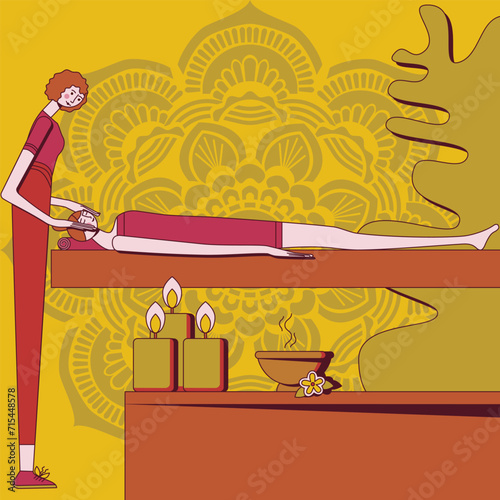 Relaxation massage and full-body treatment with professional massage therapist in spa. Design concept. Isolated flat vector illustration.