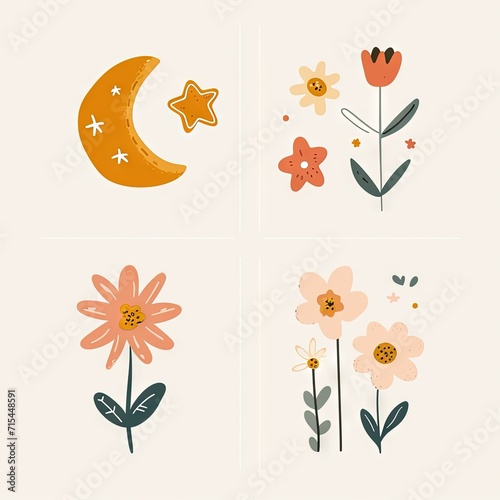 Abstract minimalist charming colorful moon and stars and flowers clipart. Great as vector, icons, decor, for poster design. Inspiration vibes.