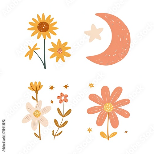 Abstract minimalist charming colorful moon and stars and flowers clipart. Great as vector, icons, decor, for poster design. Inspiration vibes.