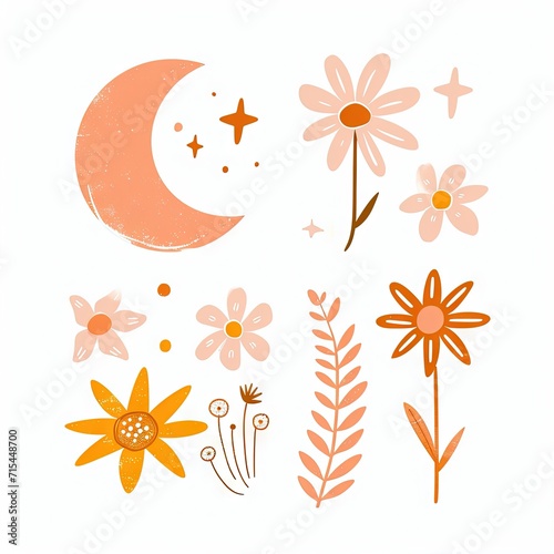 Abstract minimalist charming colorful moon and stars and flowers clipart. Great as vector, icons, decor, for poster design. Inspiration vibes.