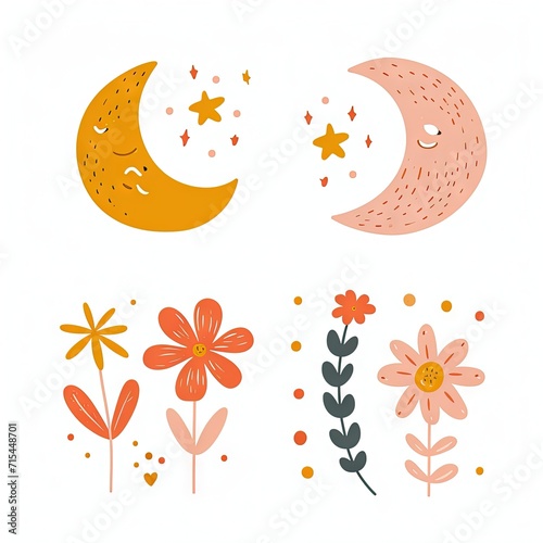 Abstract minimalist charming colorful moon and stars and flowers clipart. Great as vector, icons, decor, for poster design. Inspiration vibes.