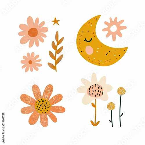 Abstract minimalist charming colorful moon and stars and flowers clipart. Great as vector, icons, decor, for poster design. Inspiration vibes.