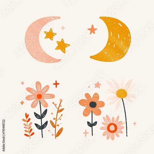 Abstract minimalist charming colorful moon and stars and flowers clipart. Great as vector, icons, decor, for poster design. Inspiration vibes.