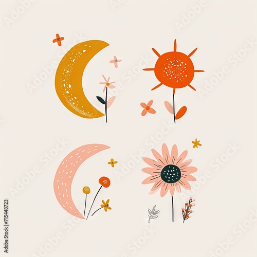 Abstract minimalist charming colorful moon and stars and flowers clipart. Great as vector, icons, decor, for poster design. Inspiration vibes.