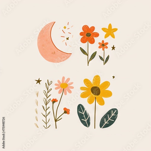 Abstract minimalist charming colorful moon and stars and flowers clipart. Great as vector, icons, decor, for poster design. Inspiration vibes.