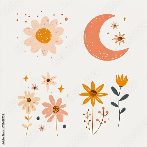 Abstract minimalist charming colorful moon and stars and flowers clipart. Great as vector, icons, decor, for poster design. Inspiration vibes.