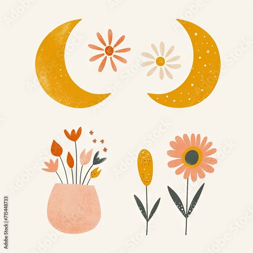Abstract minimalist charming colorful moon and stars and flowers clipart. Great as vector, icons, decor, for poster design. Inspiration vibes.