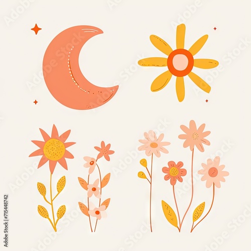 Abstract minimalist charming colorful moon and stars and flowers clipart. Great as vector, icons, decor, for poster design. Inspiration vibes.